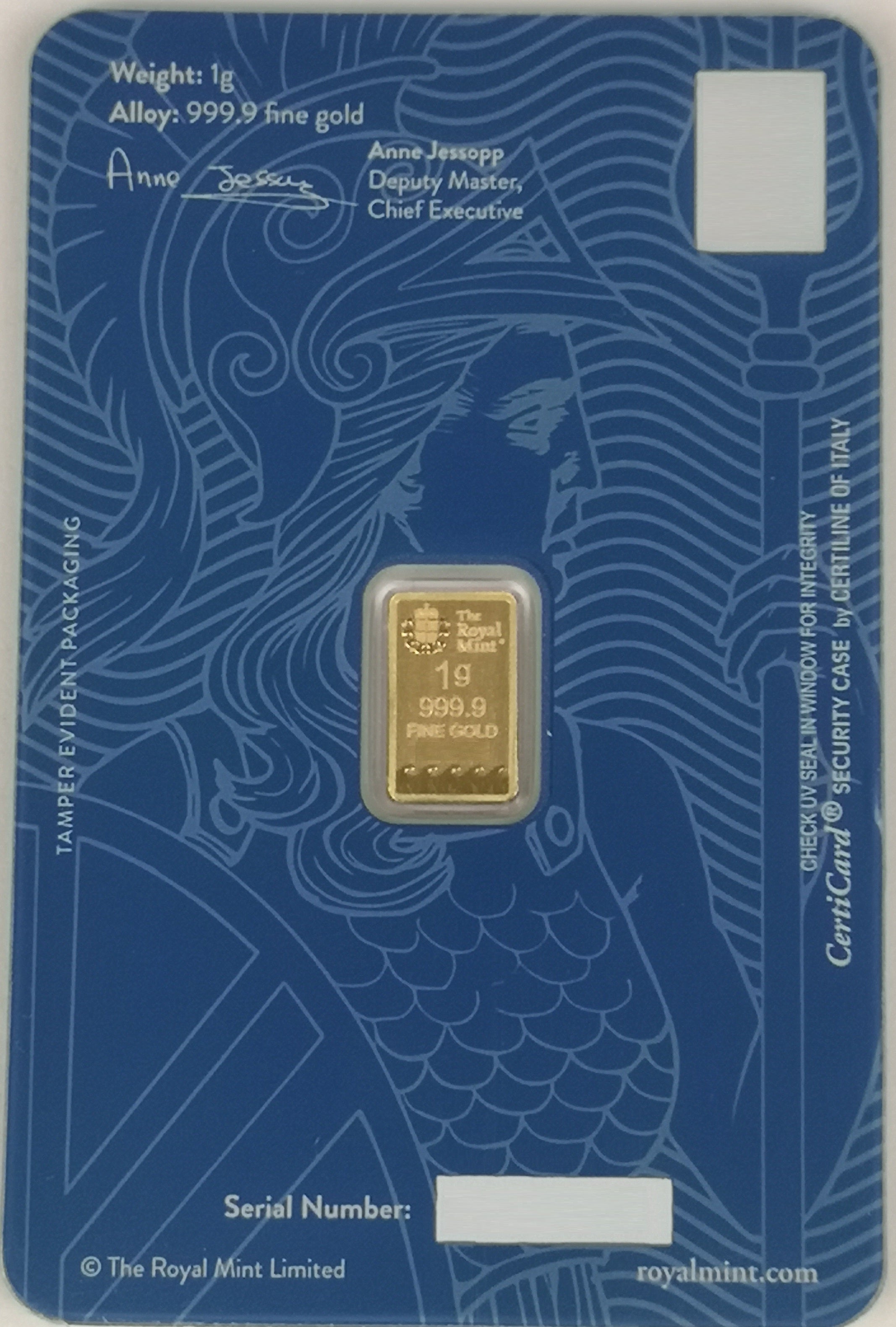 Reverse of The Royal Mint Britannia 1g Gold Bar assay card, authentication details and Royal Mint branding, in 999.9 fine gold.