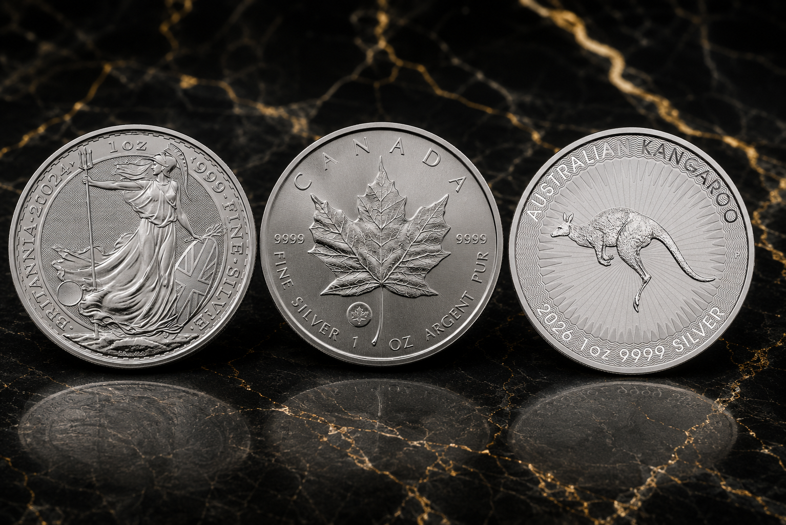 Britannia, Maple Leaf and Kangaroo silver bullion coins side by side