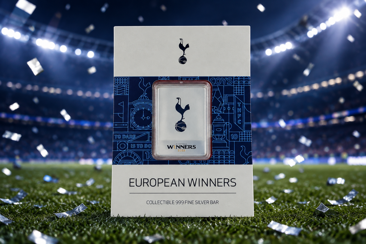Tottenham Hotspur 2025 European Winners 1oz 999 fine silver bar displayed against a navy and white European football celebration background