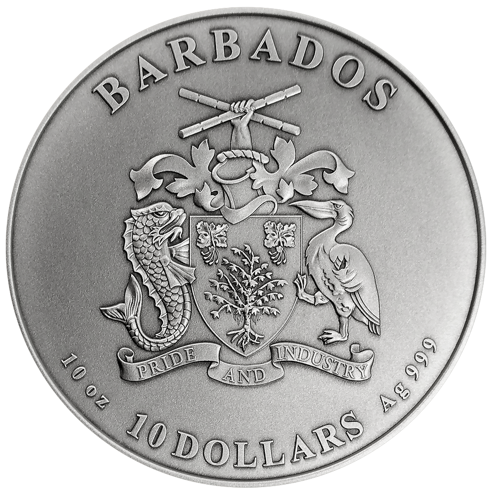 2026 Barbados 10 oz .999 Silver Declaration of Independence coin — [reverse] — antique finish, limited to 250 worldwide