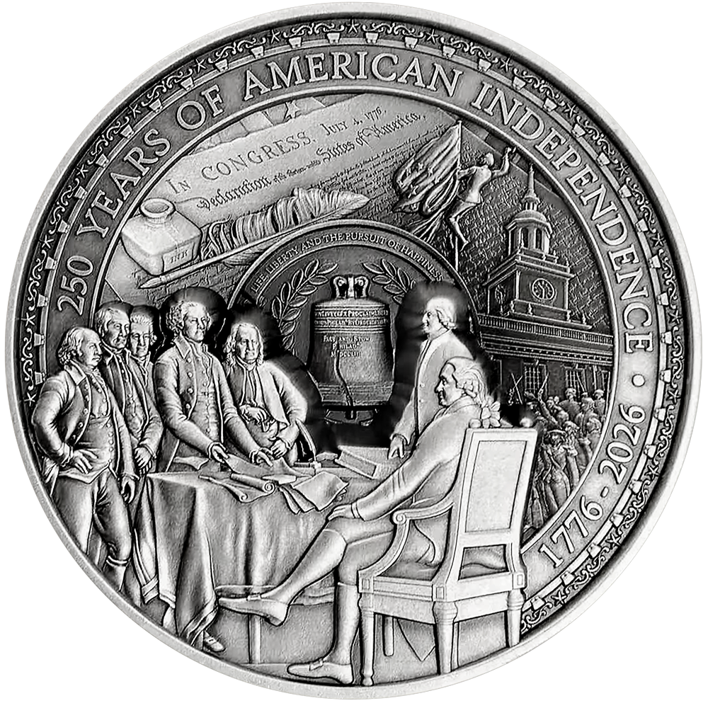2026 Barbados 10 oz .999 Silver Declaration of Independence coin — [obverse] — antique finish, limited to 250 worldwide