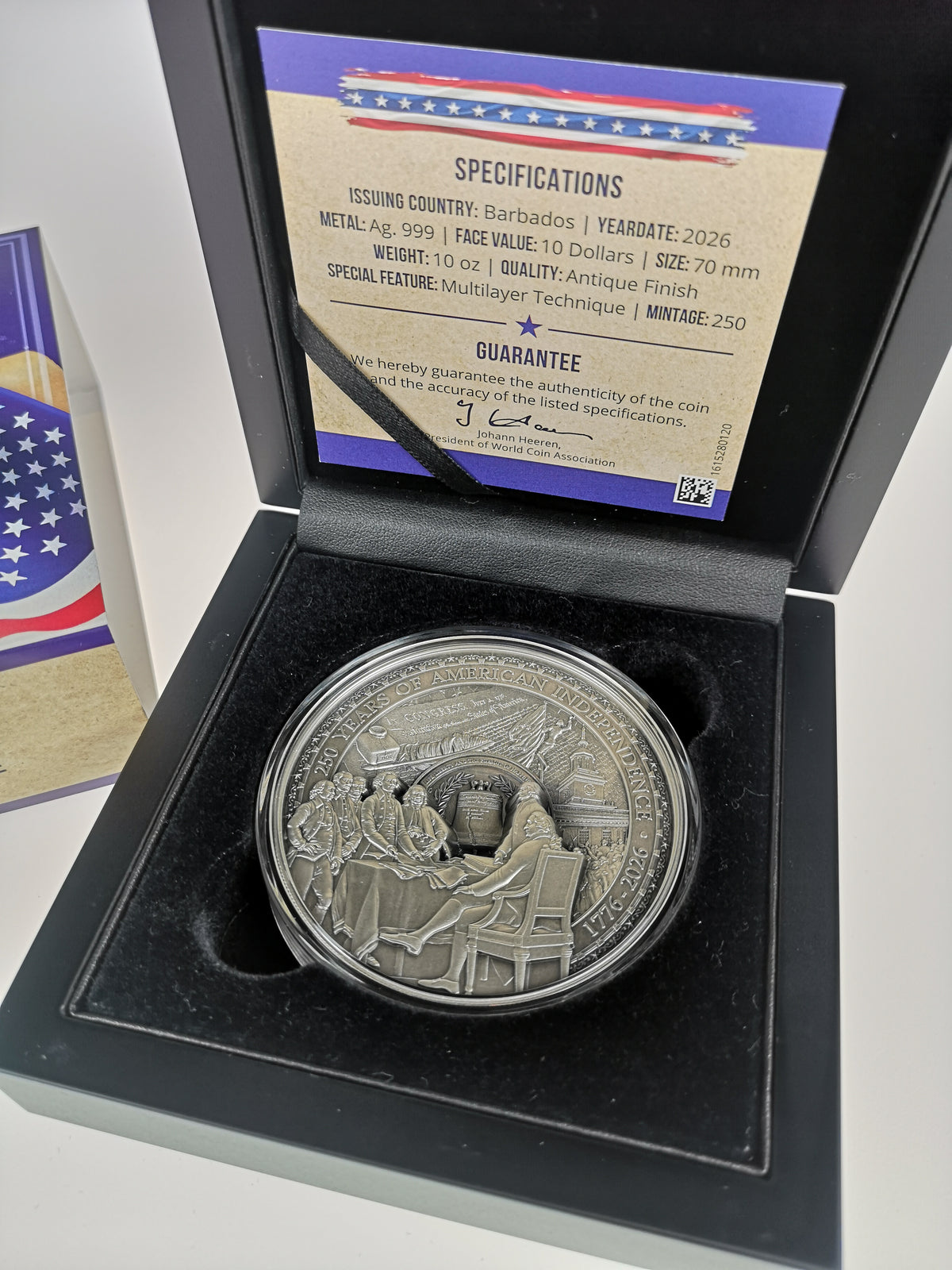 2026 Barbados 10 oz .999 Silver Declaration of Independence coin and COA with box — [obverse] — antique finish, limited to 250 worldwide