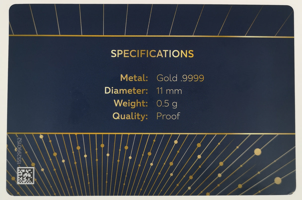 A identification card with specifications printed on a dark navy blue background, including 'Metal: Gold .9999', 'Diameter: 11 mm', 'Weight: 0.5g', 'Quality: Proof'.