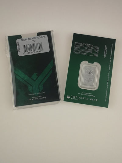 A 10g pure silver minted bar from The Perth Mint, shown with its original dark green packaging box on the left and the back of the display card on the right, set against a plain off-white background.