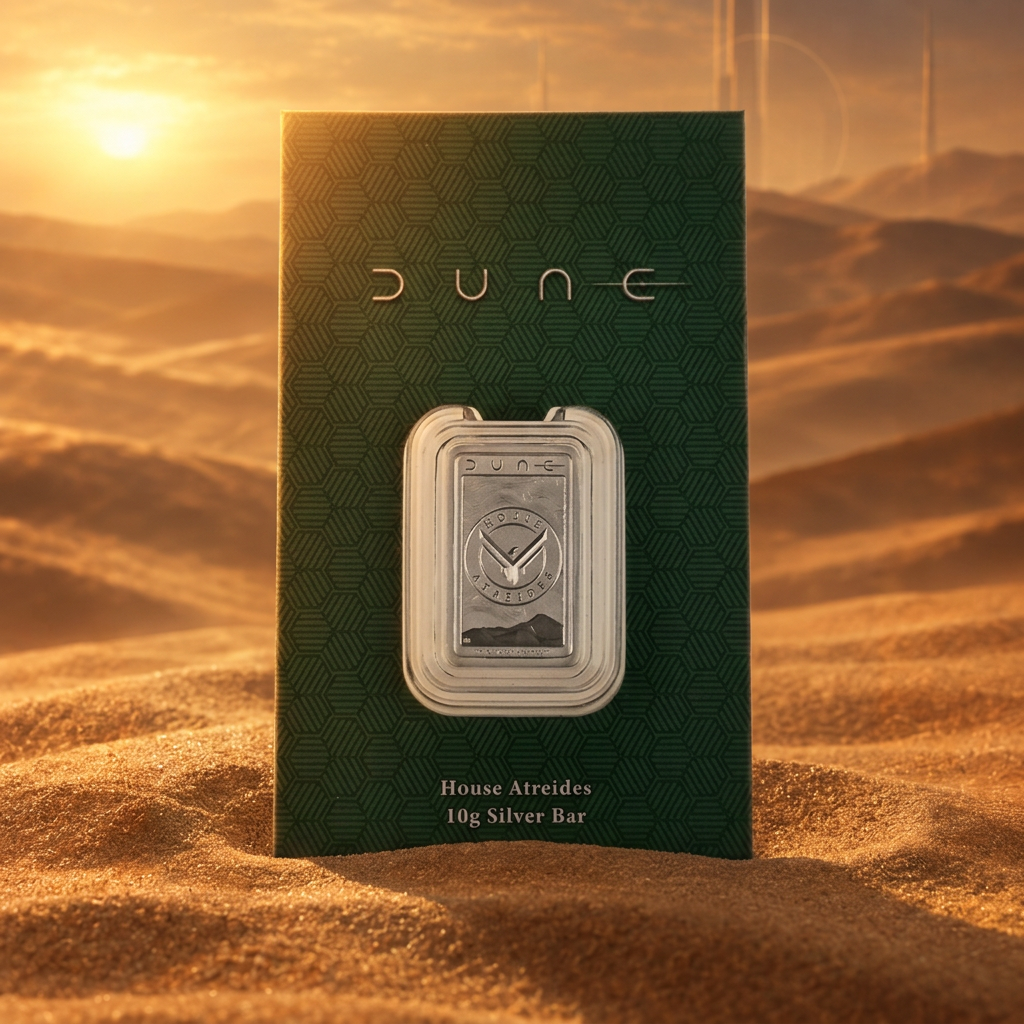 Dune House Atreides silver bar with matching desert background