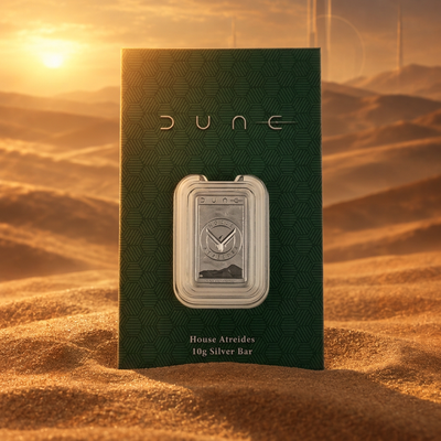 Dune House Atreides silver bar with matching desert background