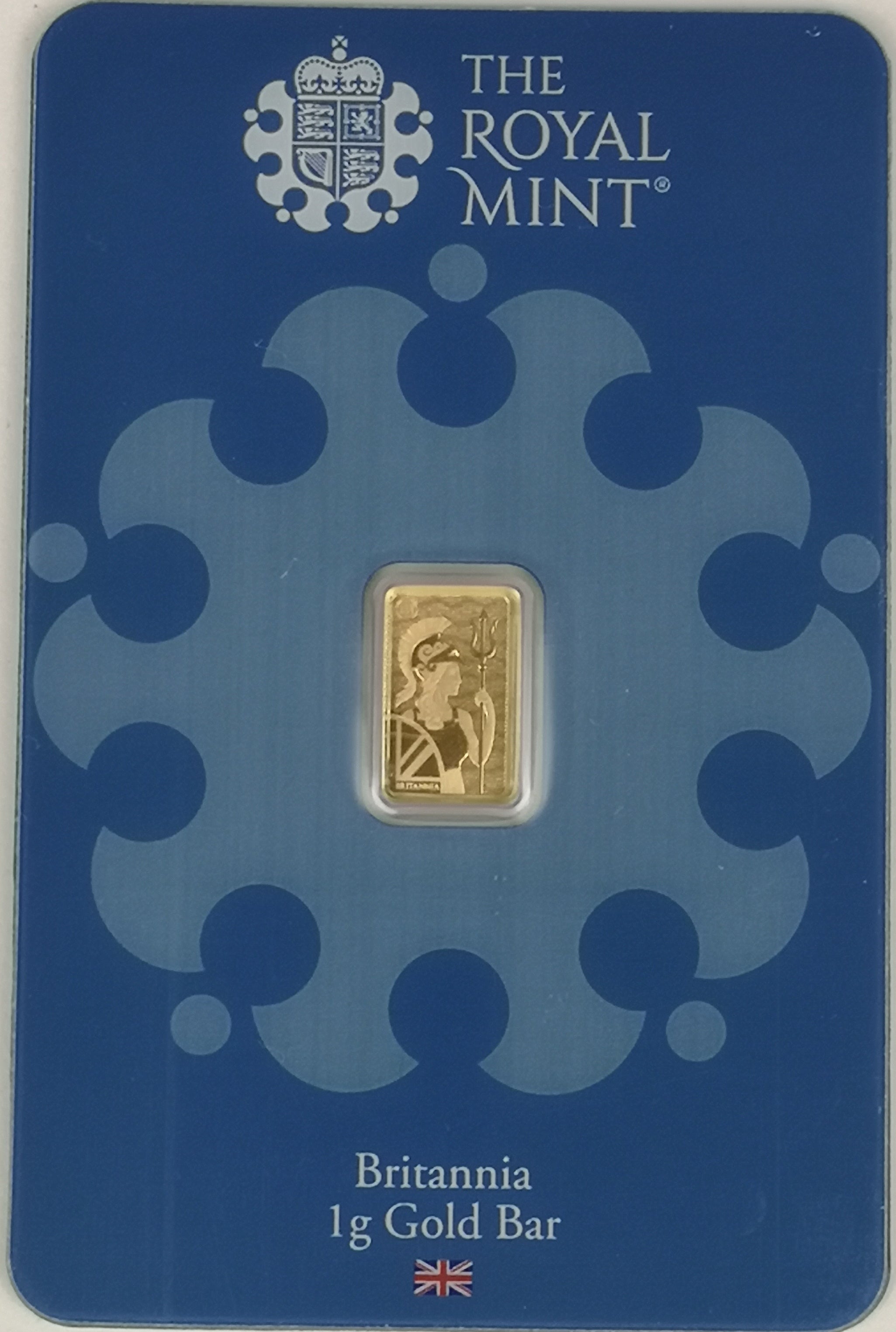 The Royal Mint Britannia 1g Gold Bar in tamper-evident assay card with Britannia design in 999.9 fine gold.